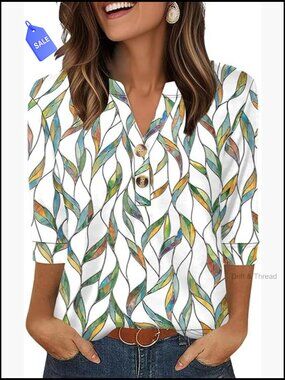 3/4 Sleeve Henley Blouse, V-Neck Button Down, Soft Breathable Fabric